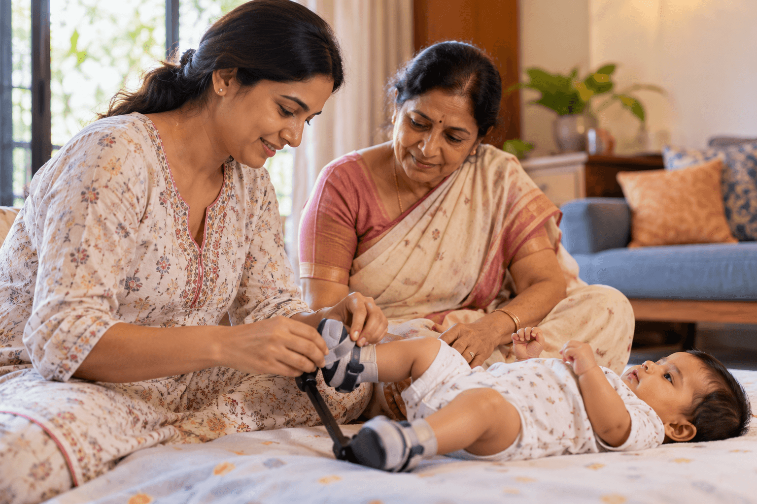 Caregivers help a baby wear a foot-abduction brace with the connecting bar visible.