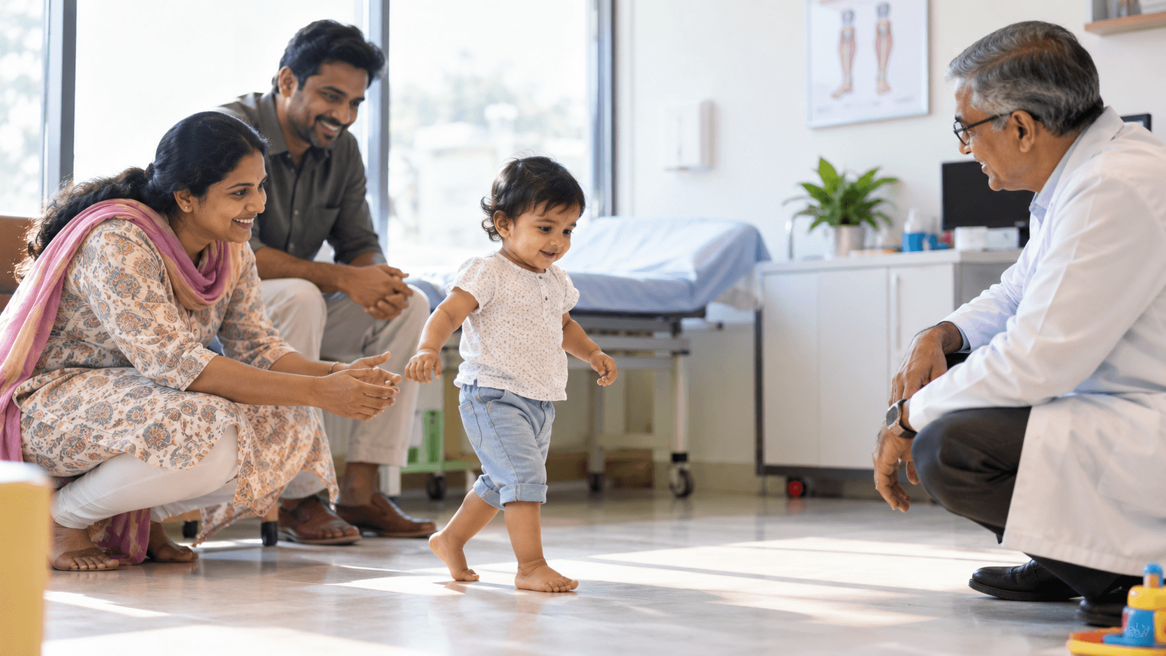 A clinician speaks with parents while a young child stands nearby.