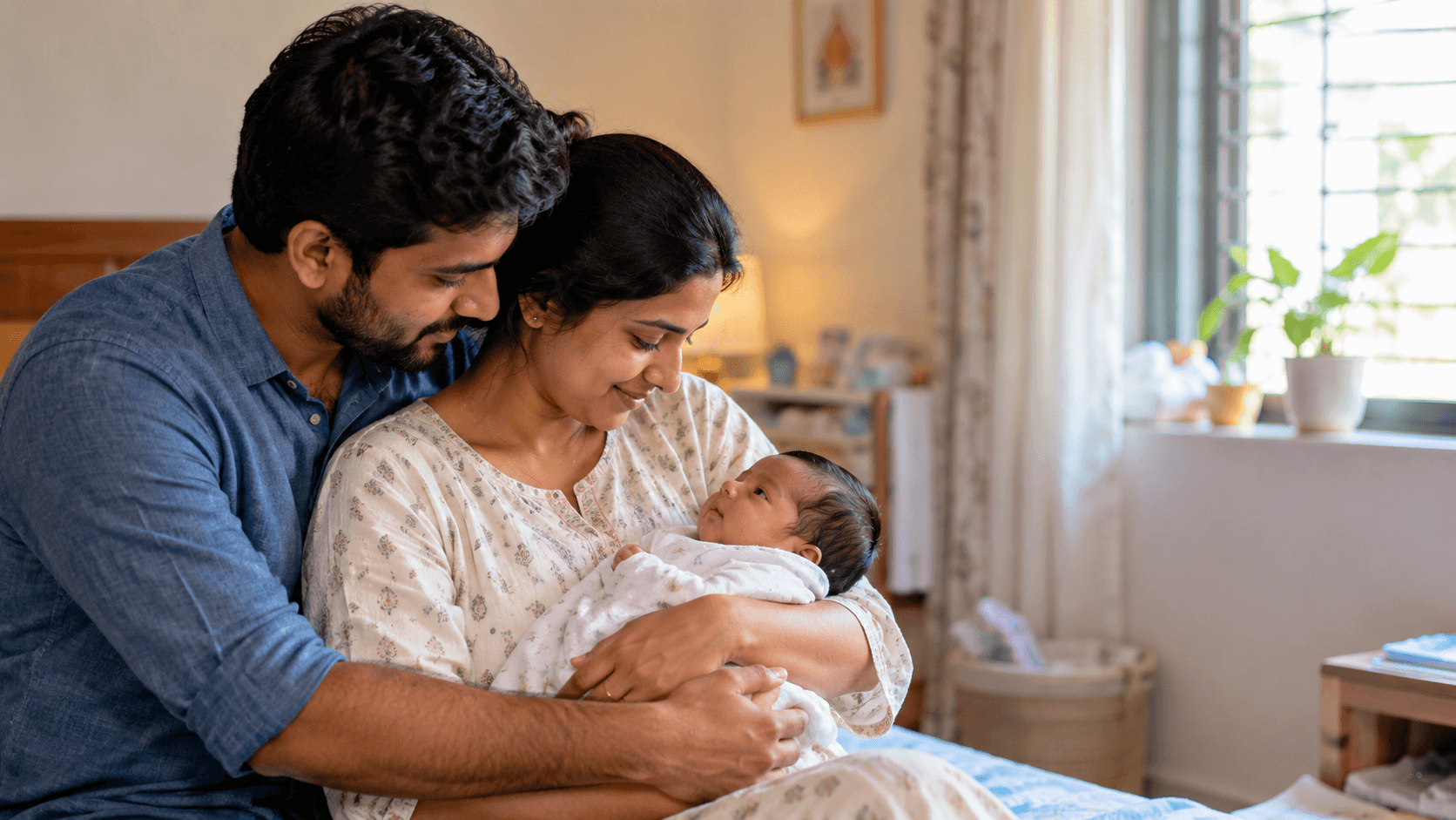 Parents hold their newborn together at home.
