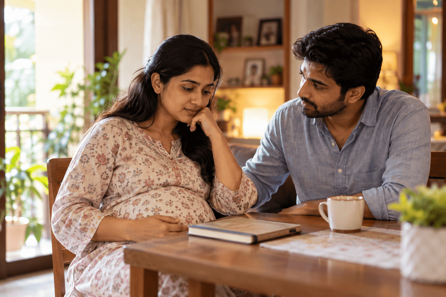 Expectant parents share a quiet conversation at home.