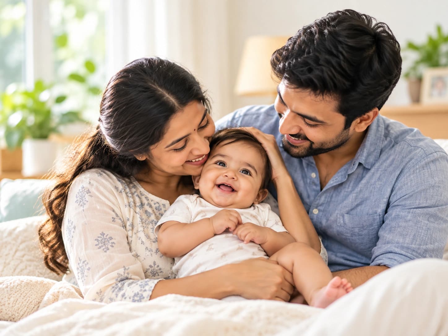 Parents cuddling their smiling baby together at home.