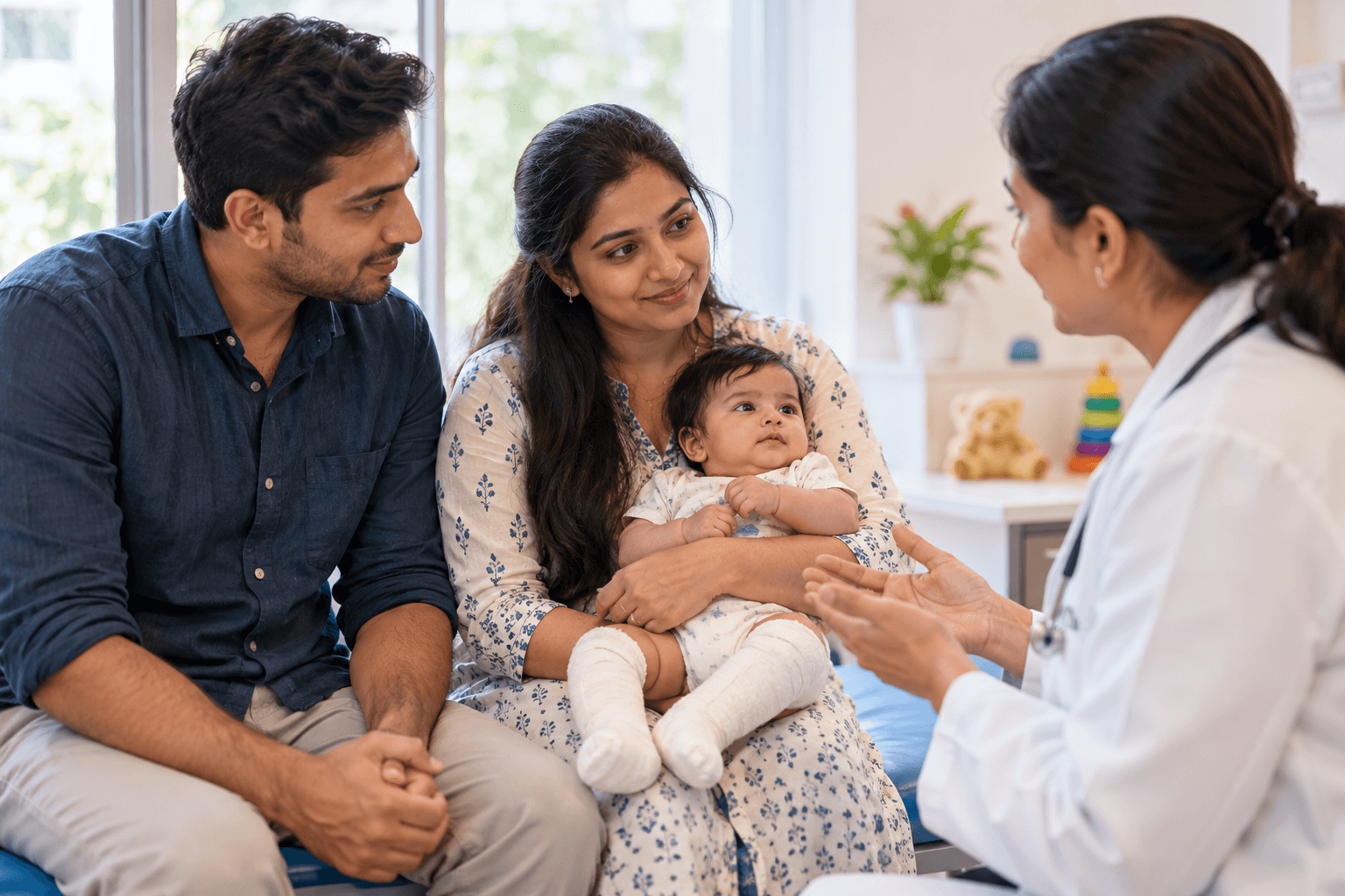 Parents speak with a clinician while holding their baby.